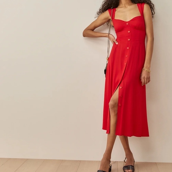 Reformation Tayler Red Sleeveless Sweetheart Midi Dress Button Front Size 0 - Picture 6 of 7